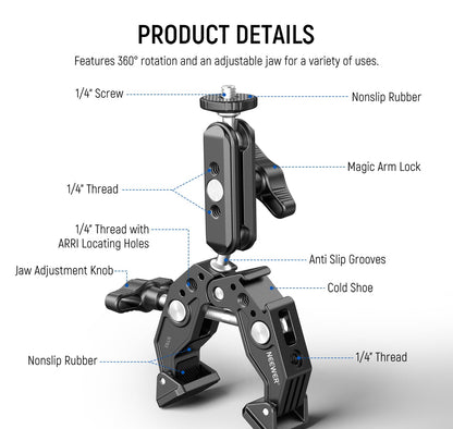 NEEWER Super Clamp with 3" Dual Ballhead Magic Arm, Cold Shoe, 1/4" Threads, Phone/Action Camera Mount Adapter for Desk Tripod Tube Crossbar Gimbal Rods Compatible with SmallRig GoPro DJI, ST83