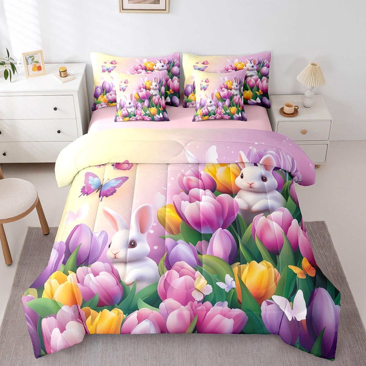 Erosebridal Pastel Tulip Twin Comforter Set 7 Piece Spring Tulip Flowers Bedding Set Pink Purple Garden Floral Bed in A Bag Cute Kawaii Rabbit Sheet Set with Comforter for Kids Boys Girls