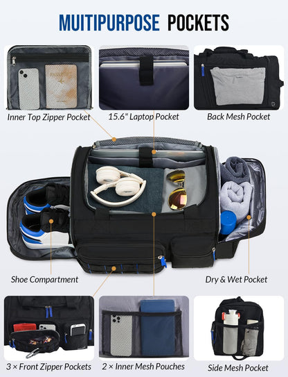 Celvetch Gym Bag for Men Women with Shoes Compartment 3-in-1 Sports Travel Duffel Bag Multipurpose Weekender Overnight Backpack with Wet Pocket - Black