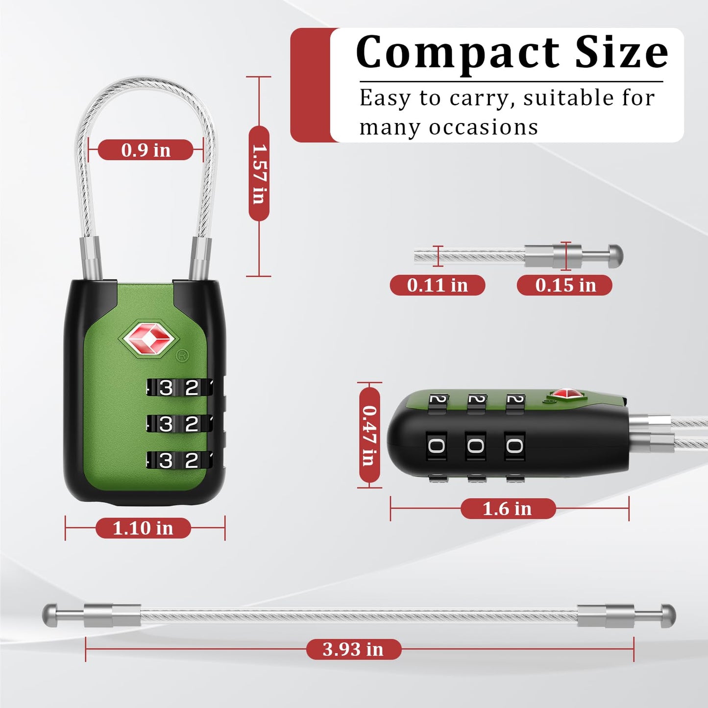 Joyway TSA Approved Luggage Lock, 3 Digit Combination Cable Lock with Alloy Body, Travel Combination Locks for Suitcases, Backpack and Golf Bag (Green, 4Pack)