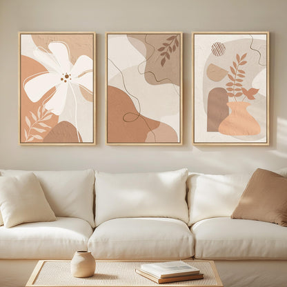 Framed Boho Sage Green Wall Art for Living Room, Large Mid Century Modern Tropical Leaf Canvas Artwork for Walls, 3 Piece Beige Orange Bohemian Wall Art Prints for Bedroom Kitchen Hallway, 16x24 Inch