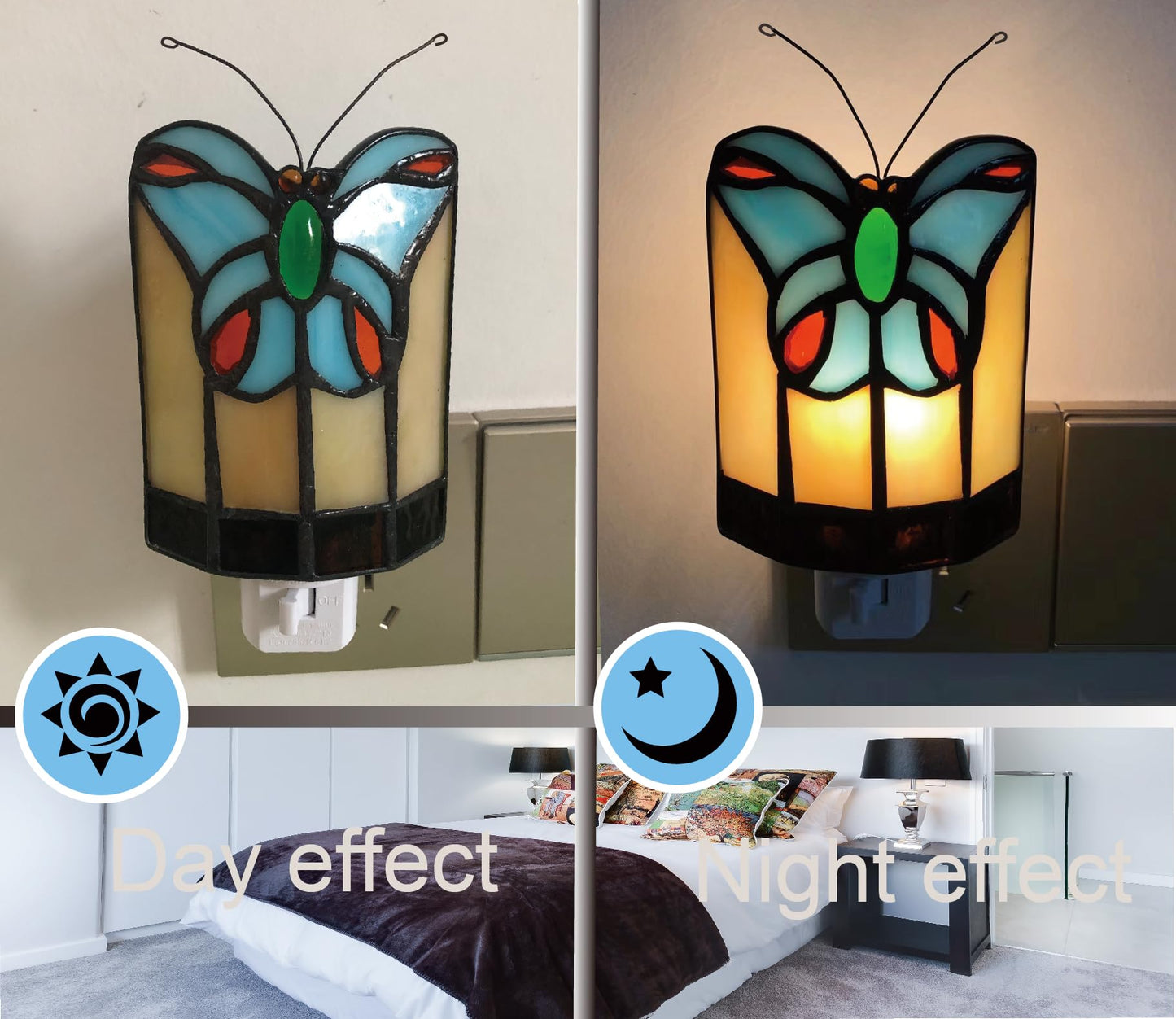 HUIMEIJU Tiffany Butterfly Colored Glass Wall Insert Night Light, Handmade Art Glass Room Light