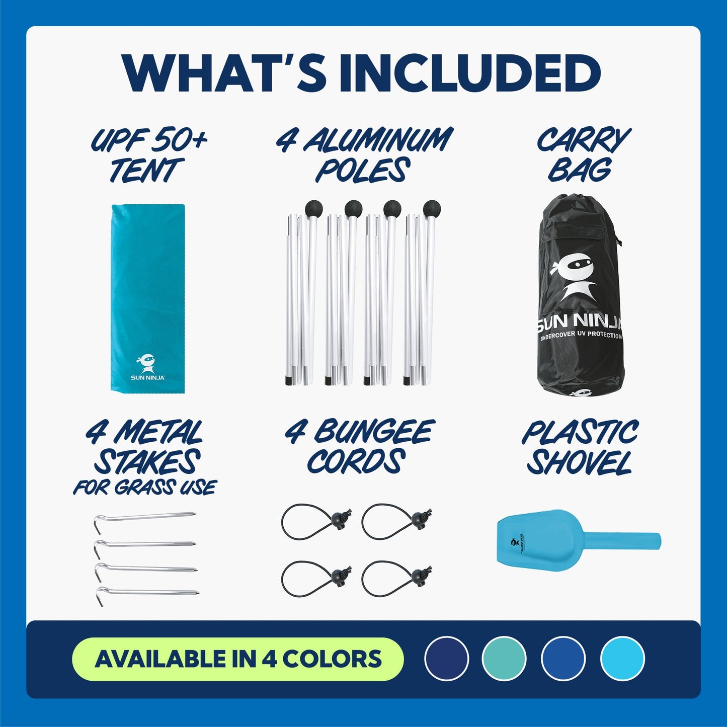 SUN NINJA Beach Tent Sun Shelter UPF50+ - Easy Pop Up Beach Canopy - Outdoor Shade for Camping Trips, Fishing, Backyard Fun Picnics - Sand Shovel, Ground Pegs & Stability Poles