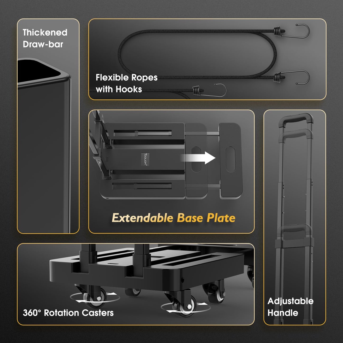 TOOLIOM Folding Hand Truck, 500 lbs Heavy Duty Foldable Luggage Cart with 6 Wheels & 2 Elastic Ropes, Portable Collapsible Dolly Cart with Extendable Base
