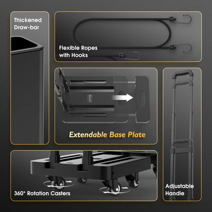 TOOLIOM Folding Hand Truck, 500 lbs Heavy Duty Foldable Luggage Cart with 6 Wheels & 2 Elastic Ropes, Portable Collapsible Dolly Cart with Extendable Base