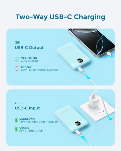 VEEKTOMX Small Portable Charger 10000mAh, Mini Power Bank 22.5W Fast Charging, Slim & Lightweight Travel Essentials, 3-Output External USB C Battery Pack Compatible with iPhone 17 16 15 (Dark Black)