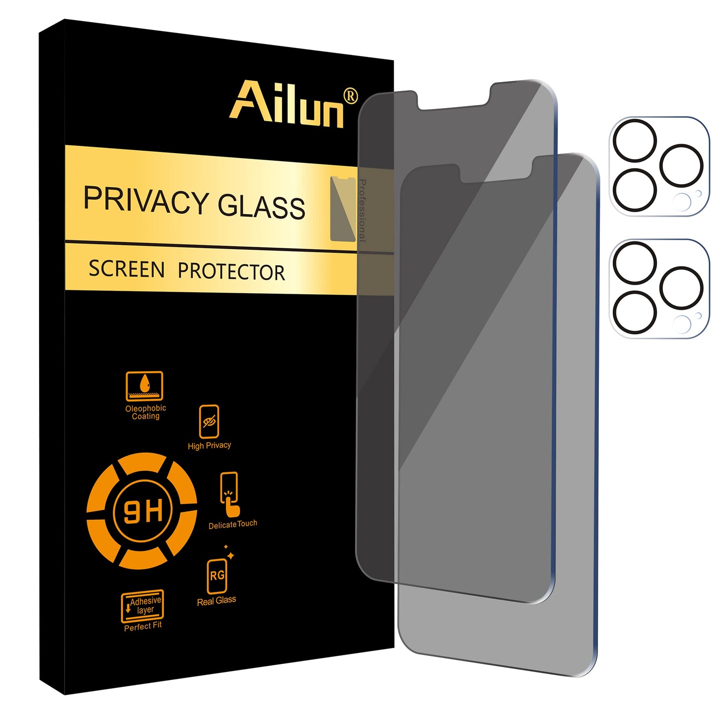Ailun 2Pack Privacy Screen Protector Compatible for iPhone 14 Pro Max [6.7 inch] + 2 Pack Camera Lens Protector, Anti Spy Private Tempered Glass Film, Case Friendly, [9H Hardness] - HD