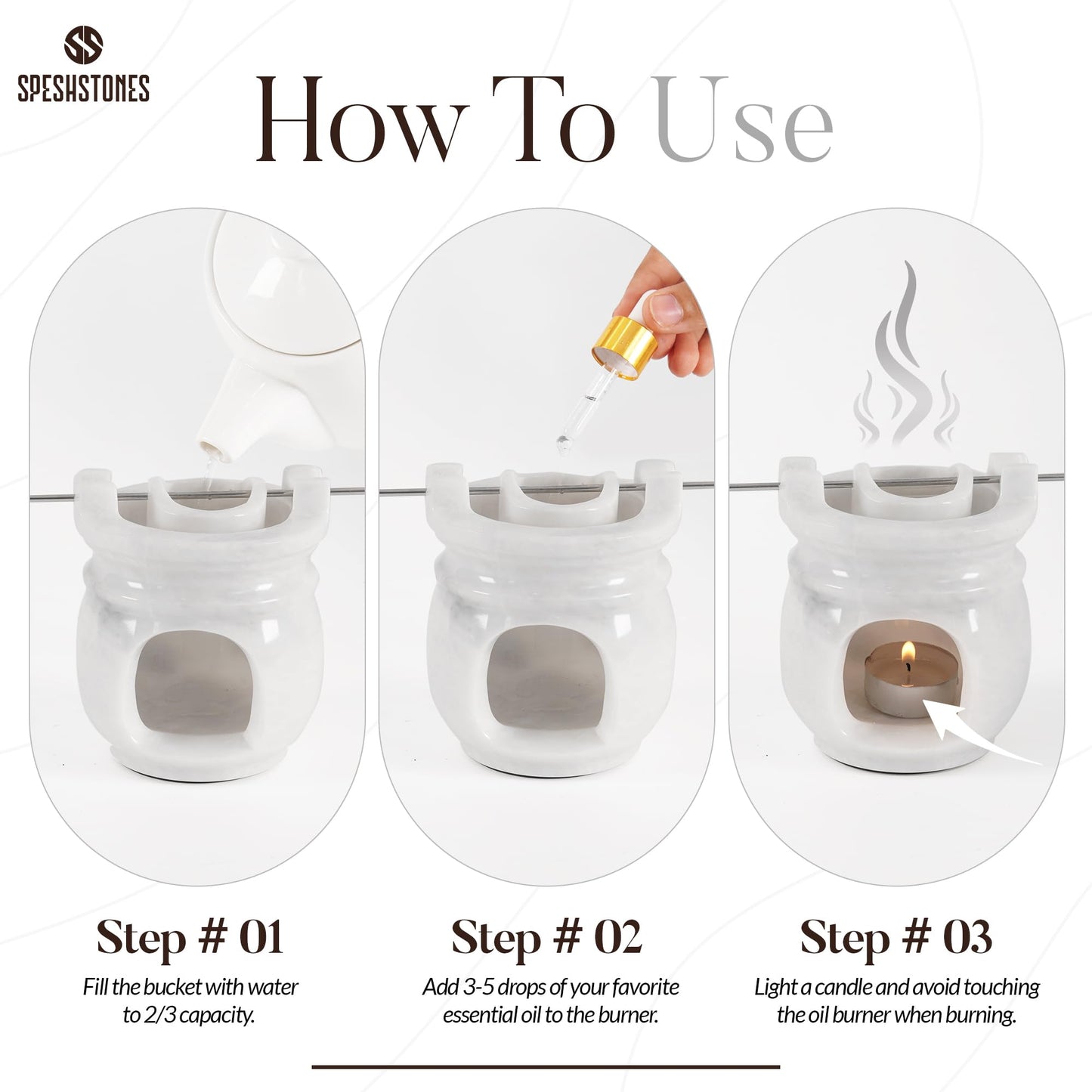 SPESHSTONES Marble Oil Burner for Scented Oil Verona 4.5 Inch White Handmade Stone Warmer for Essential Oils & Wax Melts - Aromatherapy Diffuser with 2 Tealight Candles, Elegant Wax Melt Warmer