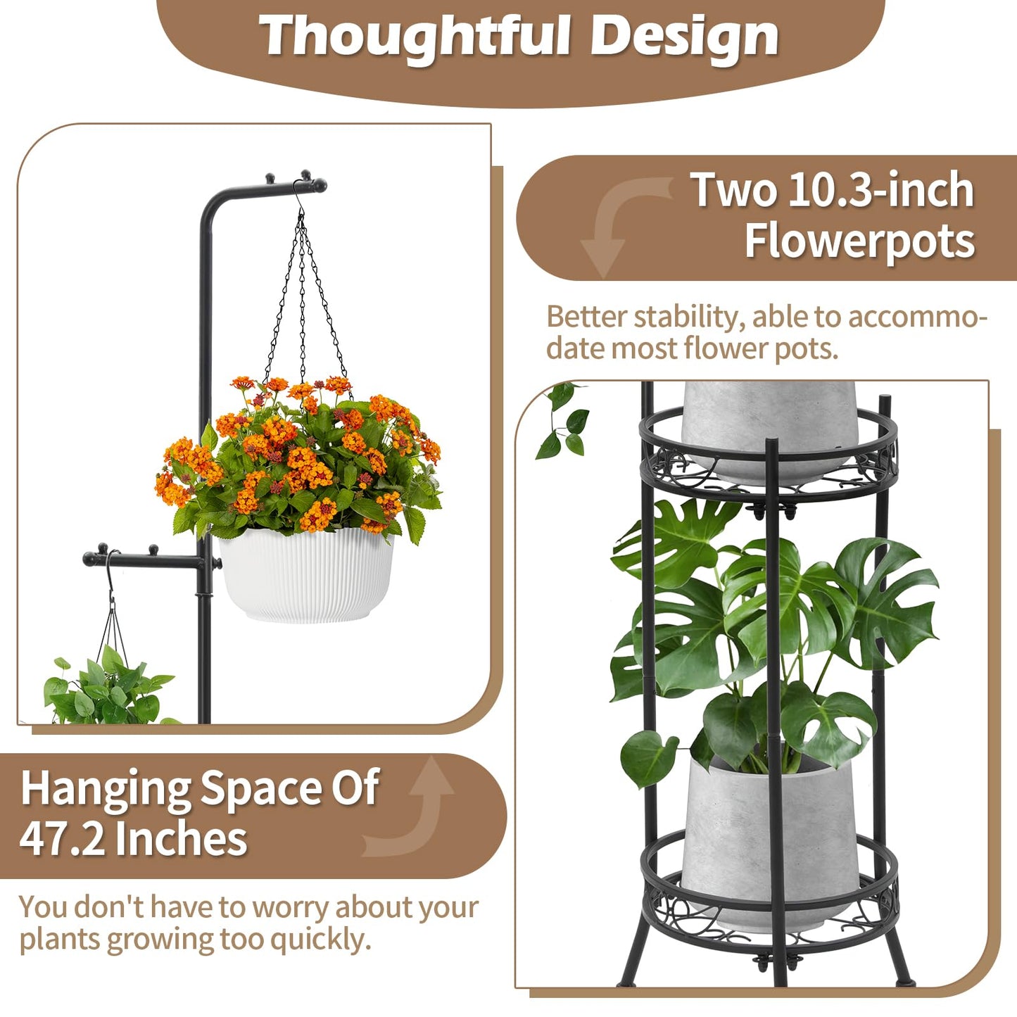 CZWL&HG Hanging Plant Stand Adjustable 2-Tier 72" Metal Shelf -Tall Indoor/Outdoor Plant Rack with Hangers for 4 Potted Flowers, Corner Shelf for Living Room & Patio (White)