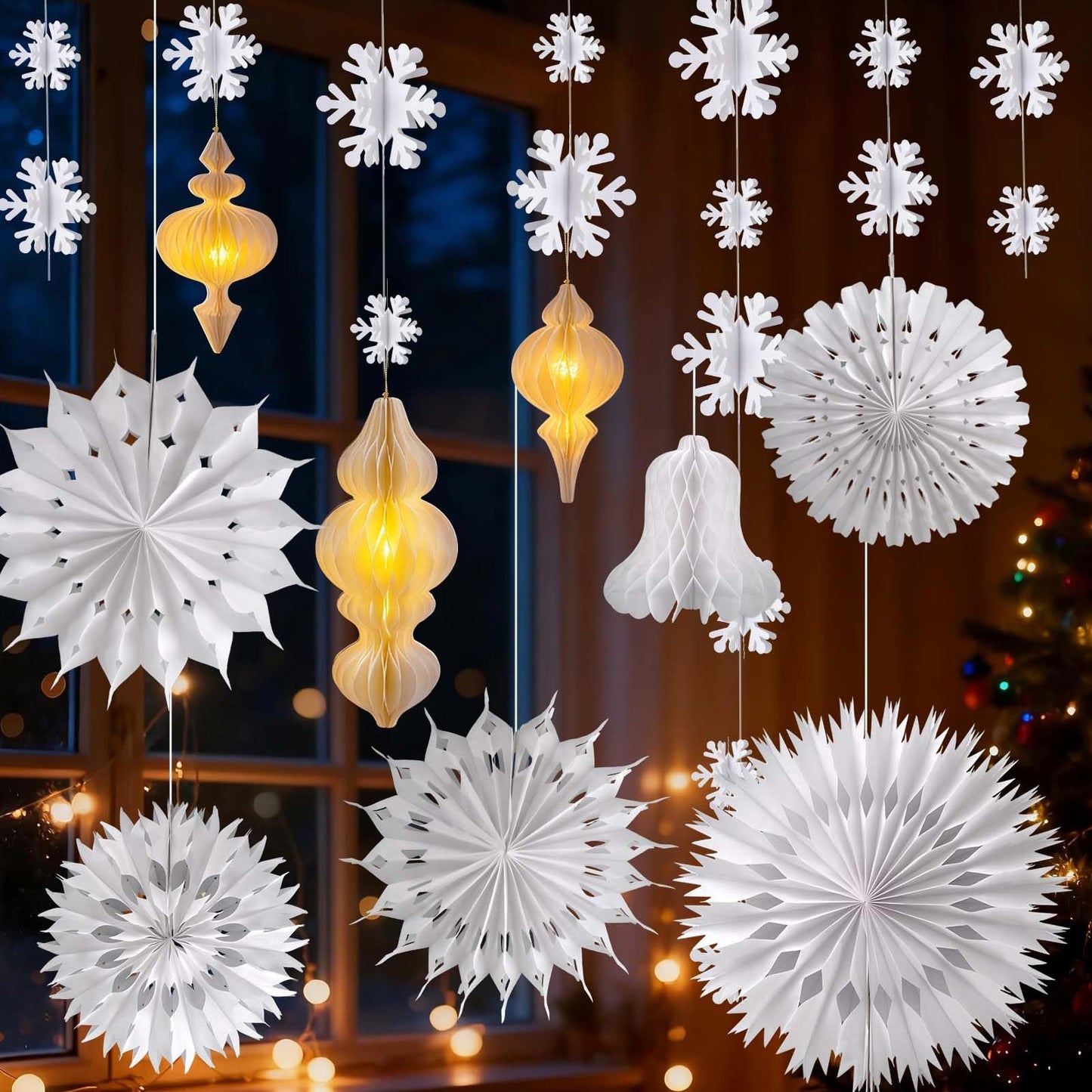 White Christmas Hanging Decorations Set, 3D Paper Honeycomb Ornaments Decorative Honeycomb Bell Lanterns with Lights, Paper Snowflake Fans Garlands for Xmas Tree Winter Wonderland Holiday Party Decor