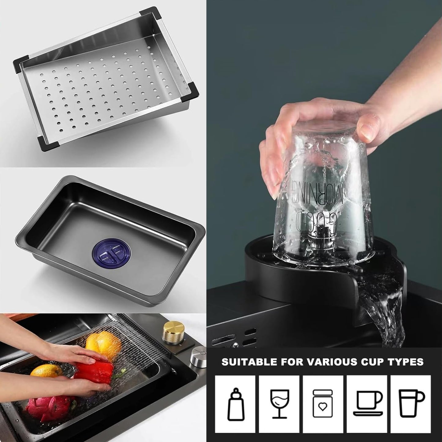 31.5x17.7 Inch Waterfall Kitchen Sink, Black Single Bowl Sinks Pull Down Sprayhead Faucet Kitchen Sink with Cup Washer