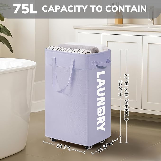 Goodpick Laundry Basket with Wheels, 75L Collapsible Laundry Baskets with