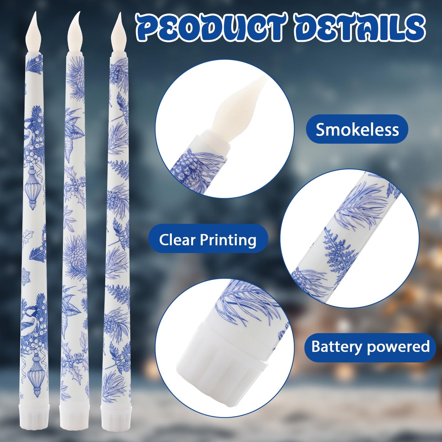 Kittmip 6 Pcs Christmas Blue White Flameless Taper Candles 11 Inch Chinoiserie Battery Operated LED Candlestick Holly Mistletoe Floral Table Centerpiece for Xmas Winter Holiday Party Decoration