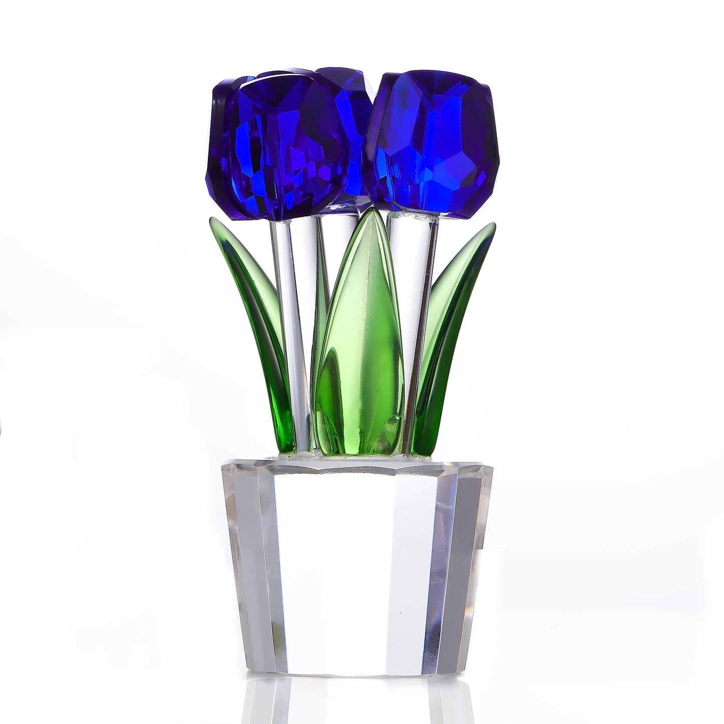 Qianwei Crystal Tulips Flowers Figurine Blue with Vase - Glass Flower Bouquet Collectible Figurines Crystal Office Home Decor Paperweight - Tulip Gifts for Women Mom Bestfriend Wedding Anniversary