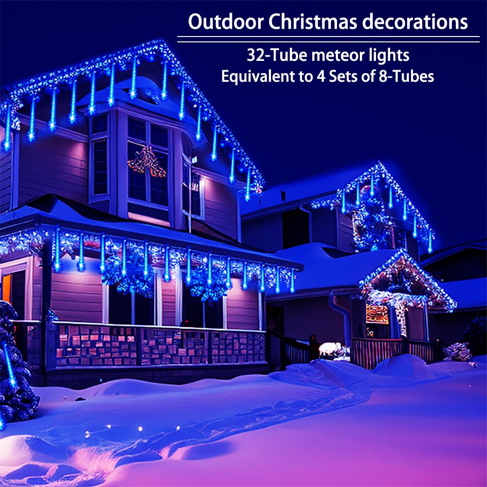 Christmas Lights Outdoors, 32 Tubes(Equivalent to 4 Sets of 8-Tubes) Meteor Shower Rain Lights - Blue lcicle Christmas Light Outdoor for Xmas Tree Wedding Party Holiday House Yard Decor, UL Plug