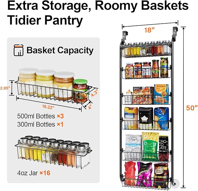 Delamu Over the Door Pantry Organizer, 6-Tier Metal Pantry Door Organization