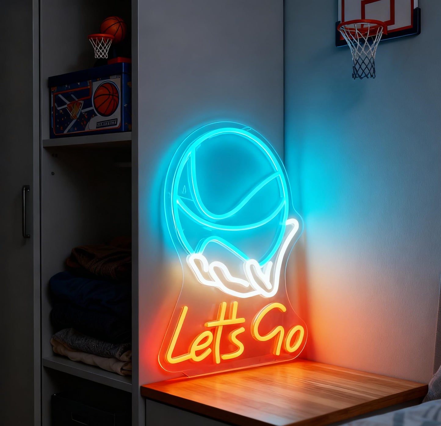 Lets Go Basketball Neon Sign, Sports Theme Light Up Sign, Basketball Fan Teen Boy Gift Bedroom Game Space Gym Wall Table Decor, USB Powered Dimmable Decorative Neon Light 16.9 x 12.6 In