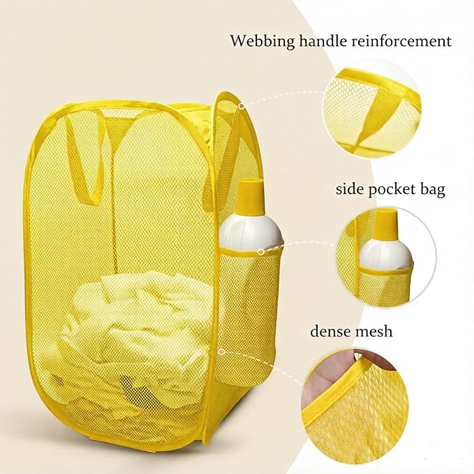 The upgraded pop-up laundry basket features a breathable side pocket mesh design