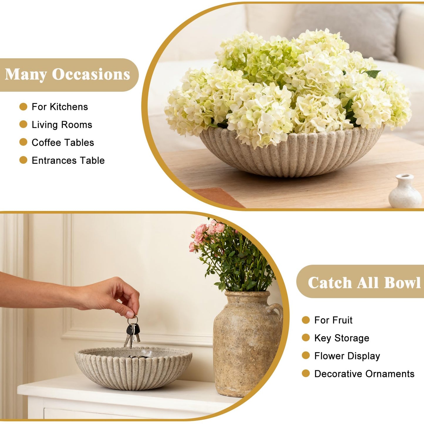 Richtmall Large Resin Decorative Bowl 12 Inch, Fruit Bowl Sandstone Ruffle Key Bowl for Coffee Table Shallow Centerpiece Bowl Catch All Bowl for Kitchen Counter, Entryway, Living Room