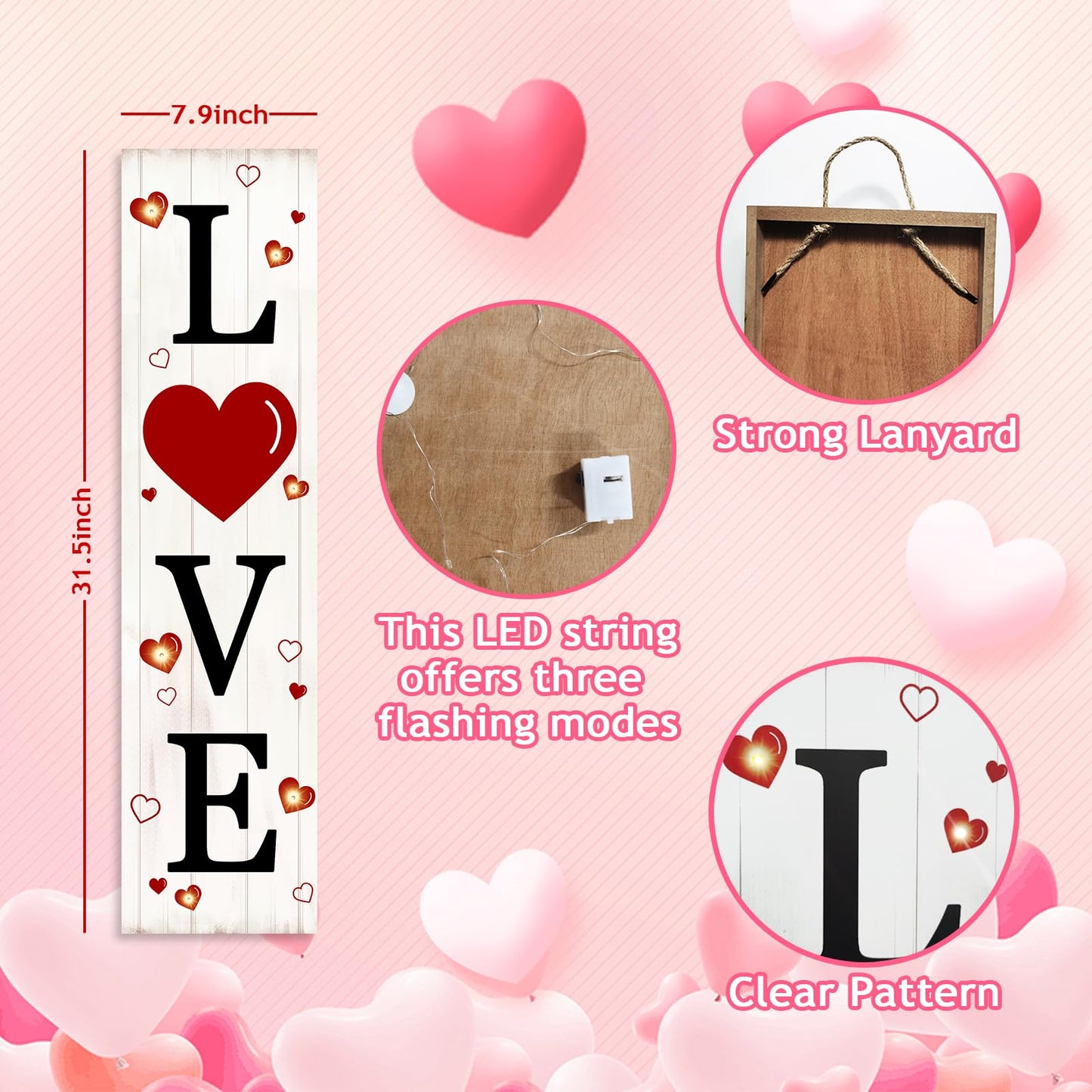 Lighted Wooden Love Sign, Rustic Valentine’s Day Porch Sign for Front Door Decorations, Valentines Love Decor Home Hanging Signs Wall Sign 31.5"H