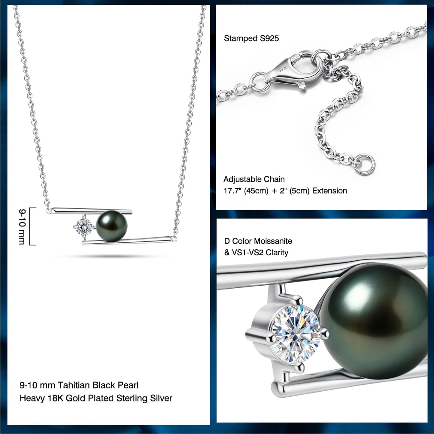 Natural Tahitian Black Pearl Necklace - Christmas Gift for Women Wife Mom Girlfriend, Jewelry Gifts for Wedding Anniversary Birthday, 9-10mm Seawater Pearl with Sterling Silver Moissanite Pendant