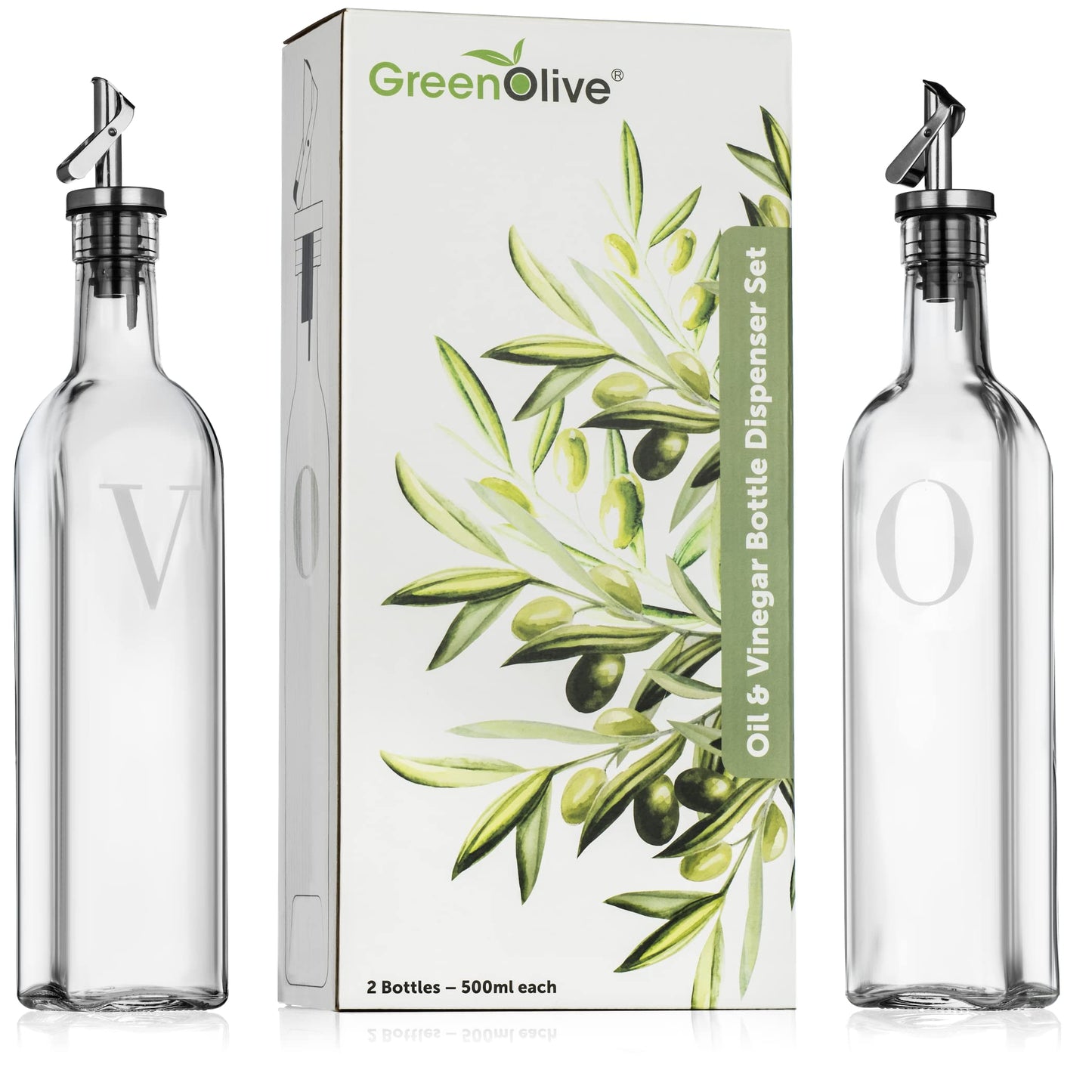 GREENOLIVE Olive Oil and Vinegar Dispenser Set - 17 oz. Glass Bottles with No-Drip BPA-Free Spouts - Stylish O and V Identifiers for Kitchen and Dining Use - Set of 2