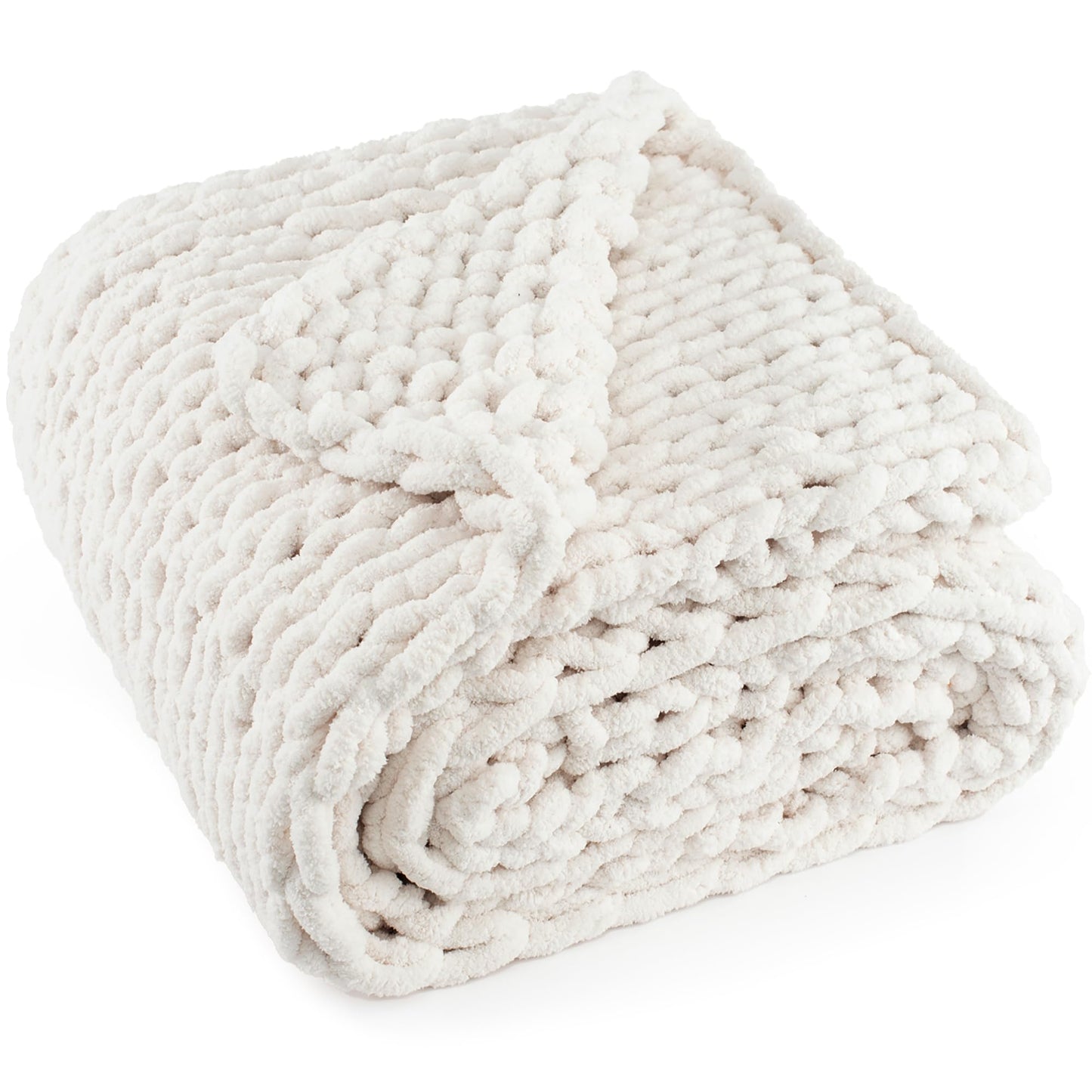 LONG CREATE Chunky Knit Throw Blanket 50"X 60", 100% Handmade with Soft Chenille Yarn, 4.4lbs Thick Cable Knitted Blankets, Large Rope Knot Crochet Throws for Couch Sofa Bed Home Decor, Cream White