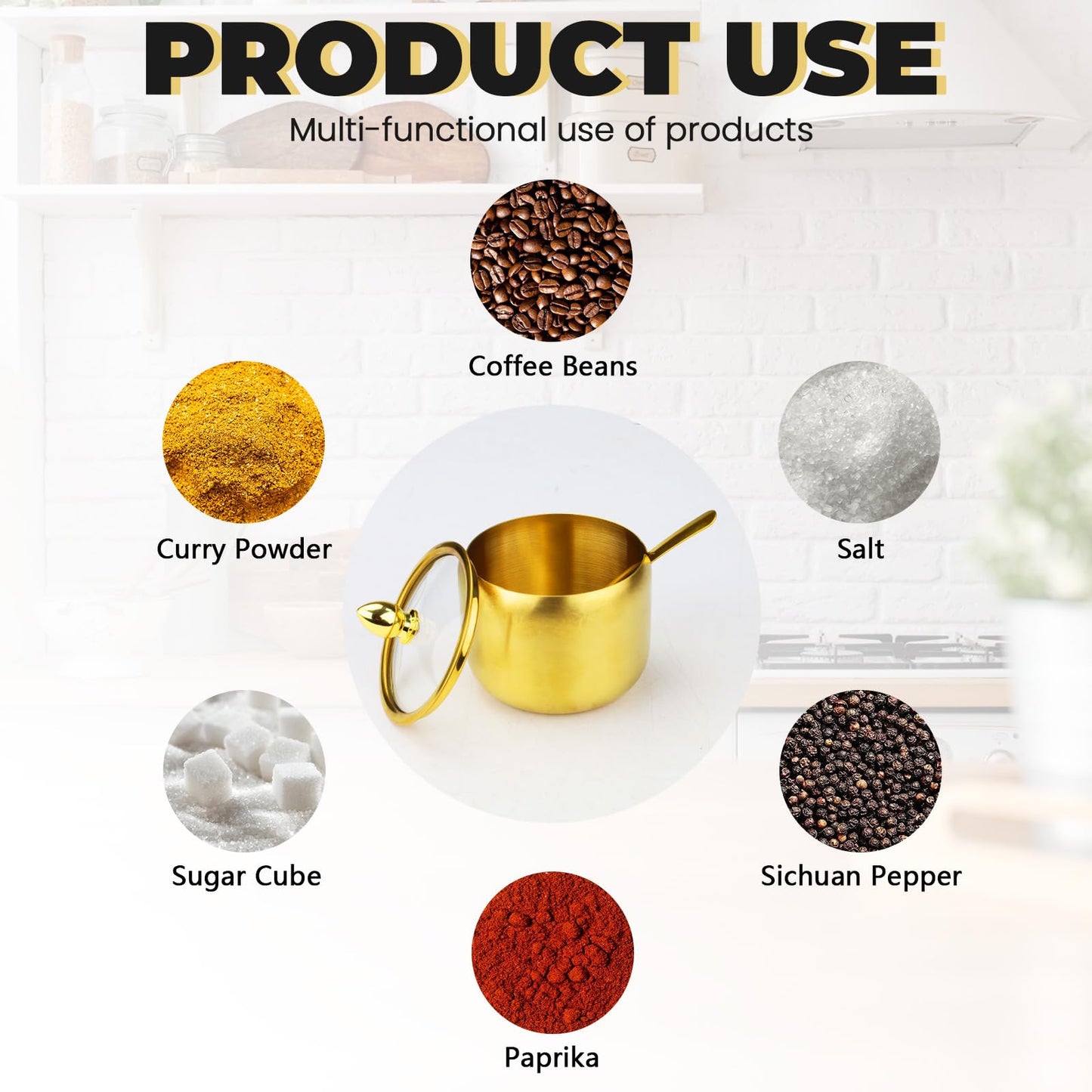 2 Pieces Stainless Steel Sugar Bowl with Lid and Spoon, 8.45 Oz/250 ML Sugar Container for Coffee Bar, Salt Bowls for Countertop Kitchen Storage Pepper Seasoning Coffee Bean Candy Spices, (Gold)