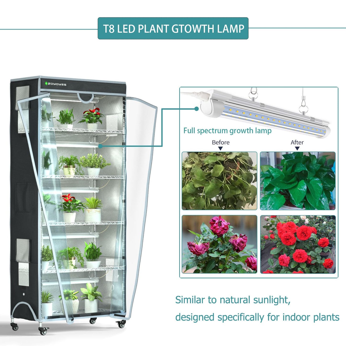 ZOYOYES Indoor Greenhouse 6-Tier Plant Rack with Cover, 5 T8 Grow Lights, Thermometer & Timer – Seedlings, Flowering, Herbs & Vegetables, Indoor Gardening, Easy Assembly 30" W x 14" D x 72" H
