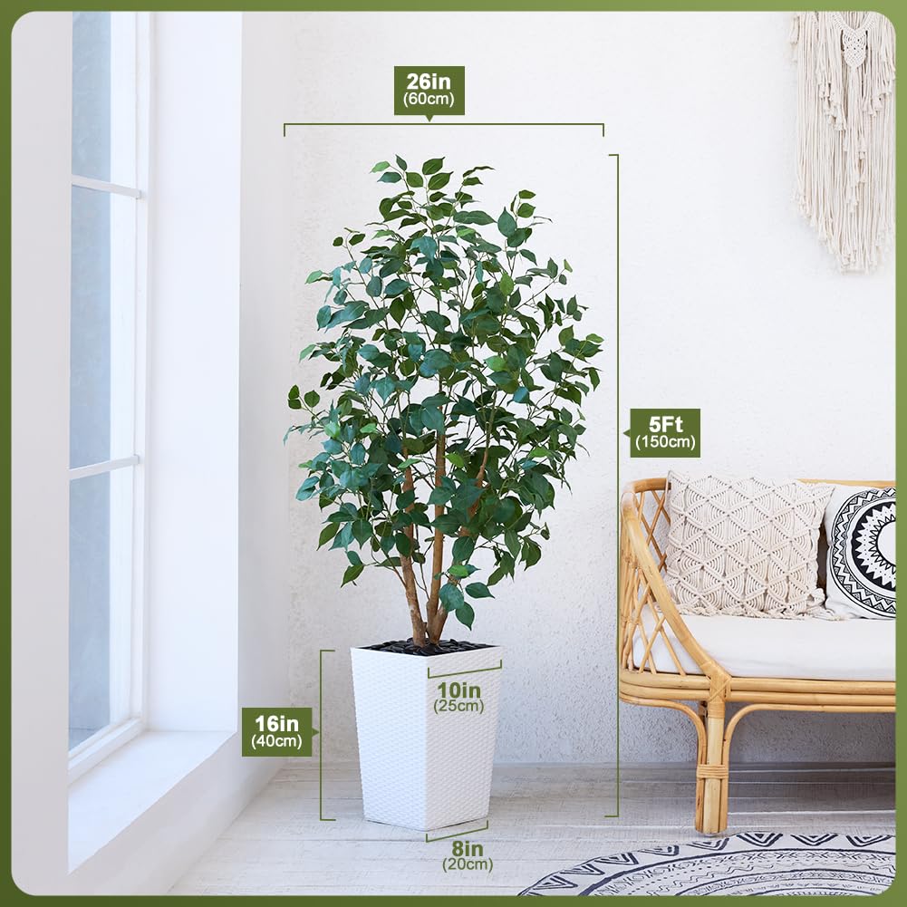 VeriNatural 5ft Artificial Ficus Tree,Tall Faux Tree with Pebbles & Planter UV Resistant Potted Fake Plant with Silk Leaves & Real Wood Trunk,Indoor Outdoor Floor Plant for Home,Living Room,VN129