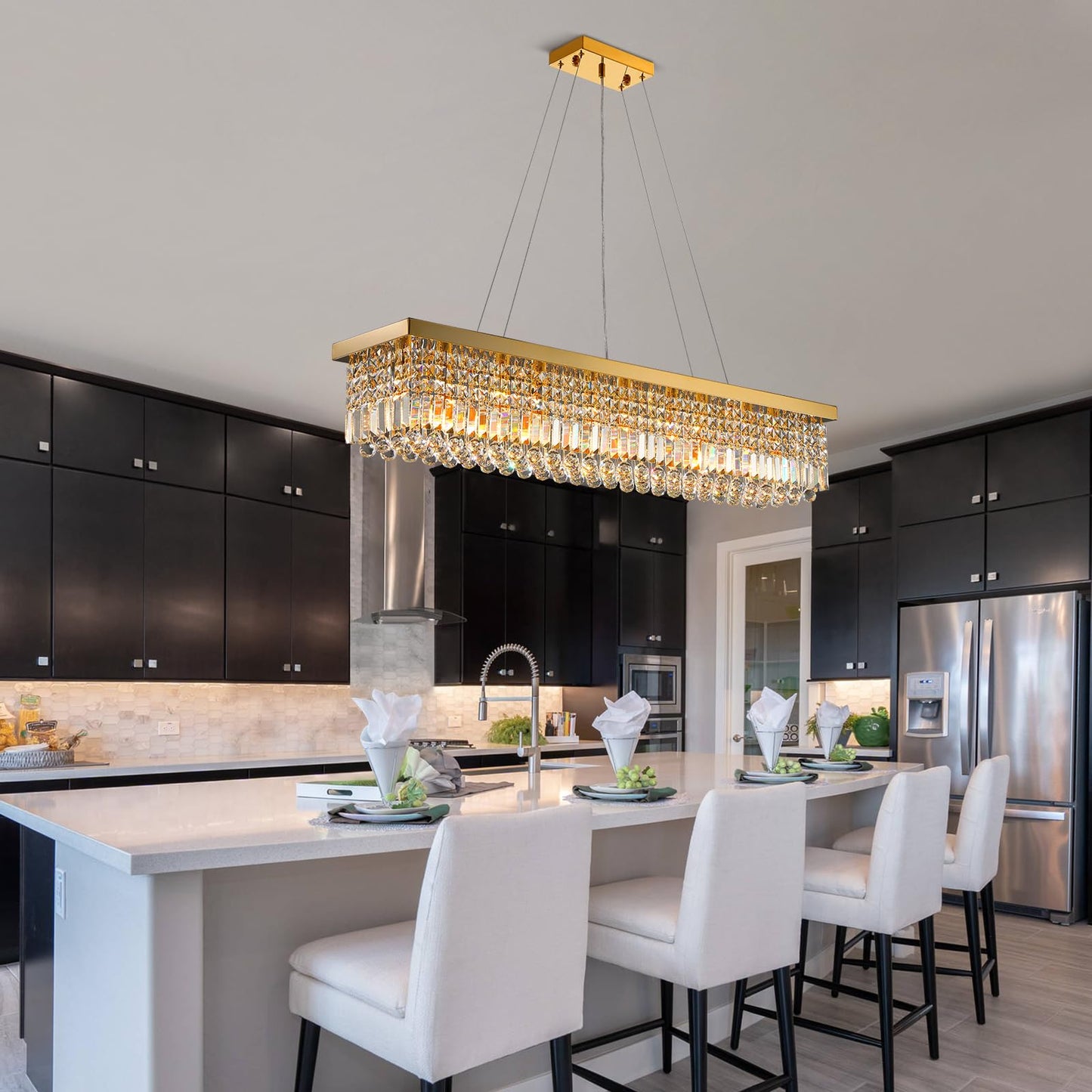 Siljoy Rectangular Gold Crystal Chandelier for Dining Room, 10-Light Modern Rectangle K9 Crystal Raindrop Chandelier, Luxury Dimmable Crystal Ceiling Light for Living Room Kitchen Island L47''