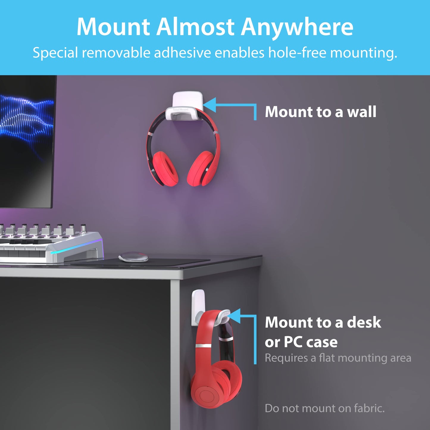 TotalMount Headphone Holder – Hanger Won’t Damage Your Wall with Screws or Permanent Adhesive (Studio-Grade White – One Pack)