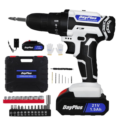 VickyHome 21V Cordless Power Drill Set, 2 Speed Electric Screwdriver Drill, 45NM Torque Battery Power Combi Drill, LED Work Light, Spirit Level, 3/8" Keyless Chuck, 26PCS Drill Bits, Carry Case