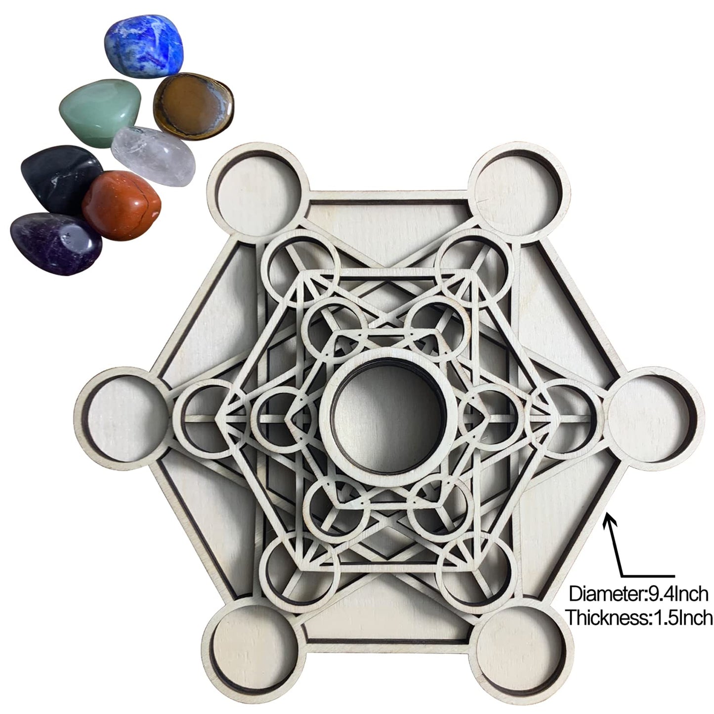 Metatron Crystal Grid Wooden Art 3D Metatron's Healing Energy with 7 Pieces Rough Seven Chakras Crystal Stone Set Sacred Geometry Energy Crystal Grid Kit for Meditation Chakra Balancing 9.4''x1.5''