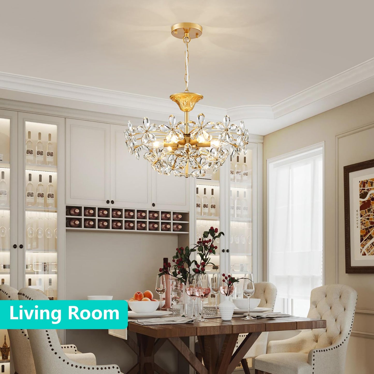 GlowEasely K9 Crystal Flower Chandelier for Dining Room, Living Room, Bedroom, Hallway, Kids Room, Foyer, Gold, Mayflower 6-Light Modern Pendant Chandelier, E12 Socket, D18.3 * H16~41inch (Adjustable)
