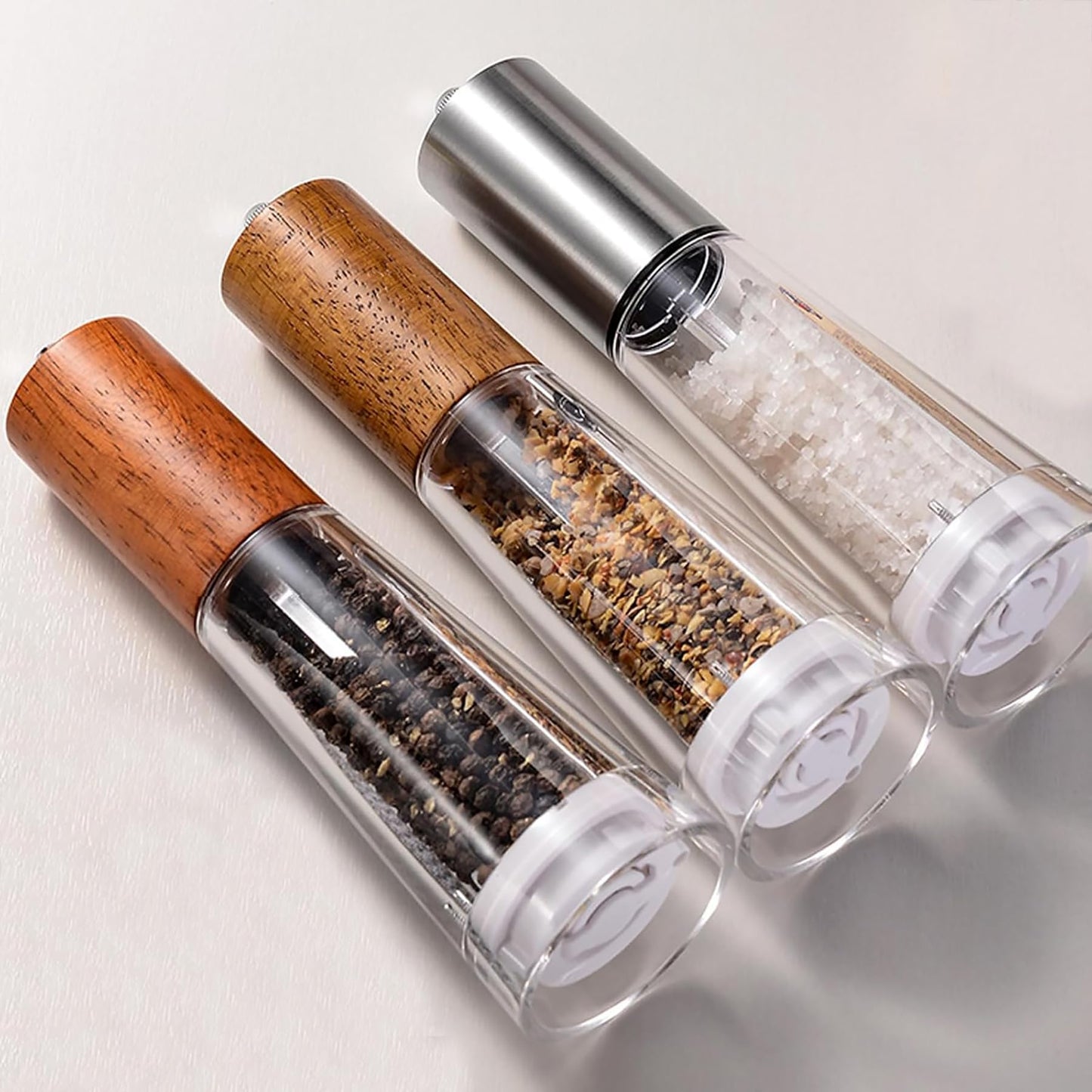 Salt and Pepper Grinder Set, Acrylic Pepper Mill with Adjustable Coarseness Wooden Pepper Grinder, Manual Salt Shake Refillable for Kitchen, Pack of 2 (Stainless Steels)