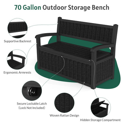 Skepphlay 70 Gallon Outdoor Storage Bench, Deck Box Bench with Armrest, Lockable Outside Benches with Storage, Deck Boxes Waterproof for Pool Patio Garden (Black)