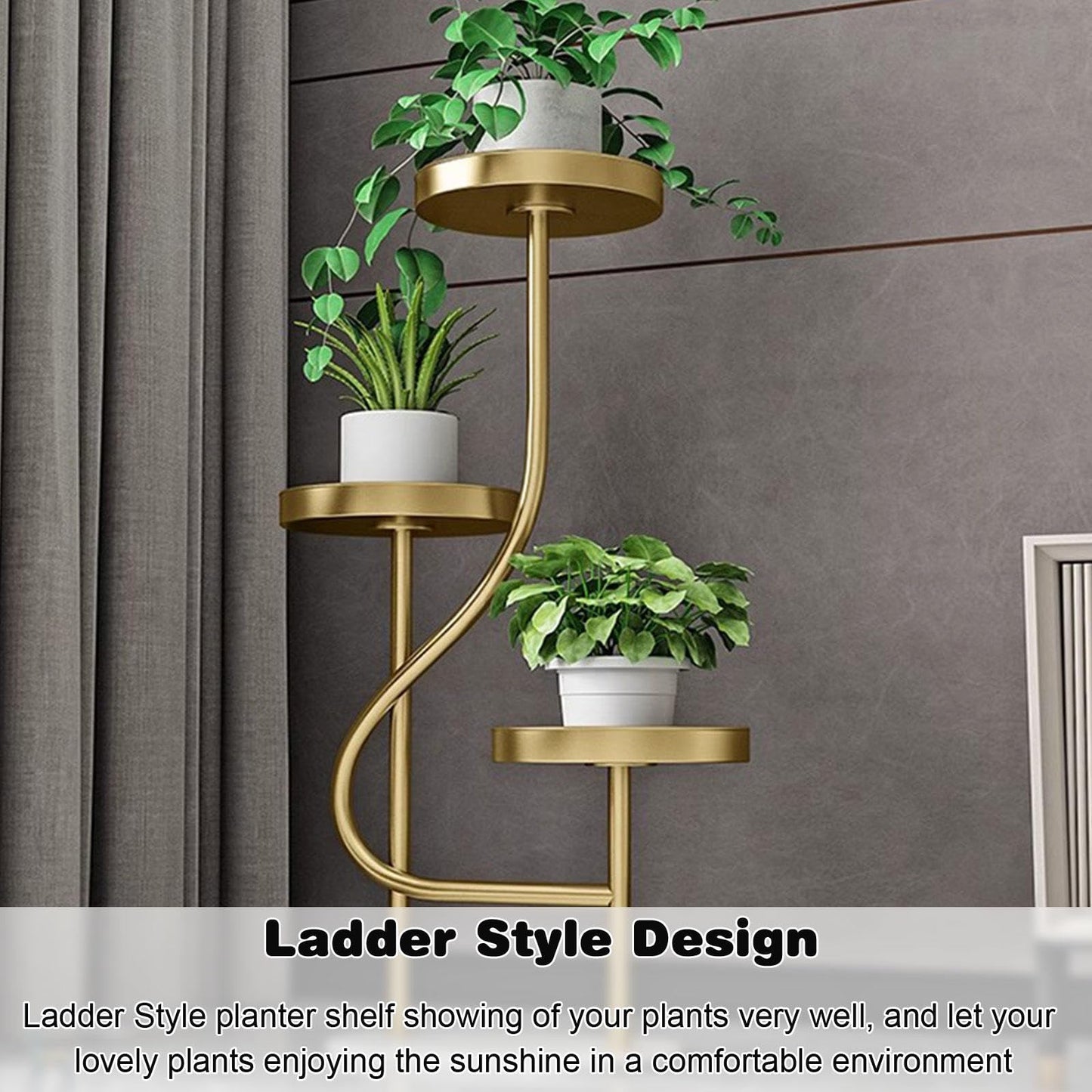 YEDECOR 3-Tier Corner Plant Stand Tall Marble Base Plant Pot Tray Display Stand Holder Indoor Outdoor Metal Flower Rack Ladder Shelf for Home Office Garden Patio Balcony Decor,Black