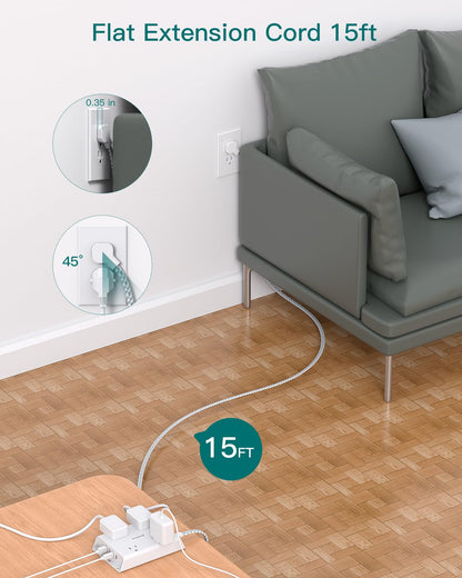 Surge Protector Power Strip, Addtam 5 ft Flat Plug Extension Cord with 4 USB Wall Charger(2 USB C Port), 4 Widely Outlets Desk Charging Station, Home Office and College Dorm Room Essentials
