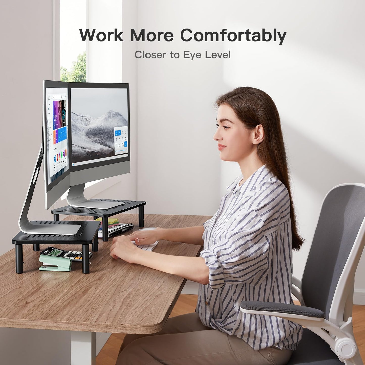 HUANUO Monitor Stand for Desk, Computer Monitor Stand Height Adjustable, Monitor Riser for 2 Monitors, Laptop Stand for Desk, 2 Pack, Black