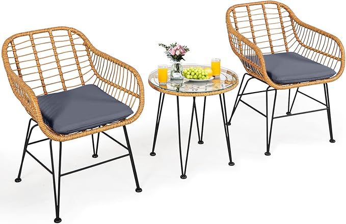 Tangkula 3 Pieces Patio Bistro Set, Rattan Conversation Set