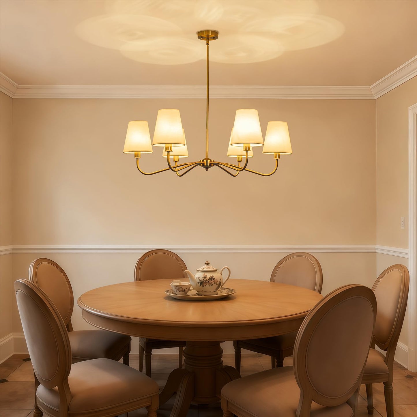 2-Pack Brass Gold Chandeliers Set, 6-Light Modern Fabric Shade Chandelier and 4-Light Linear Kitchen Island Lighting, Antique Classic Hanging Light Fixtures for Dining Room, Living Room Kitchen