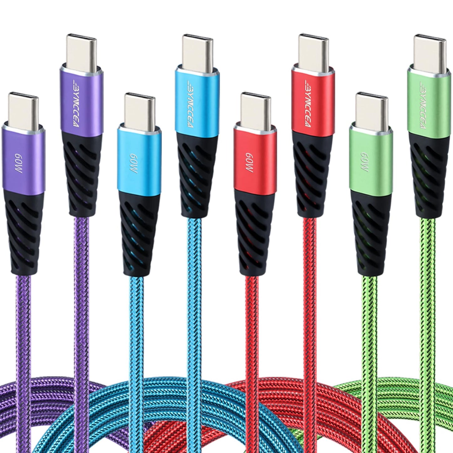 Bynccea USB C Cable to USB C Charger Cable 4-Pack 10ft Fast Charging USB C Cable, Nylon Braided 60W(5A) Type C to Type C Charging Cable for Phone 17/16 15/15 Pro/15 Plus/15 Pro Max S22 S23 Note 20