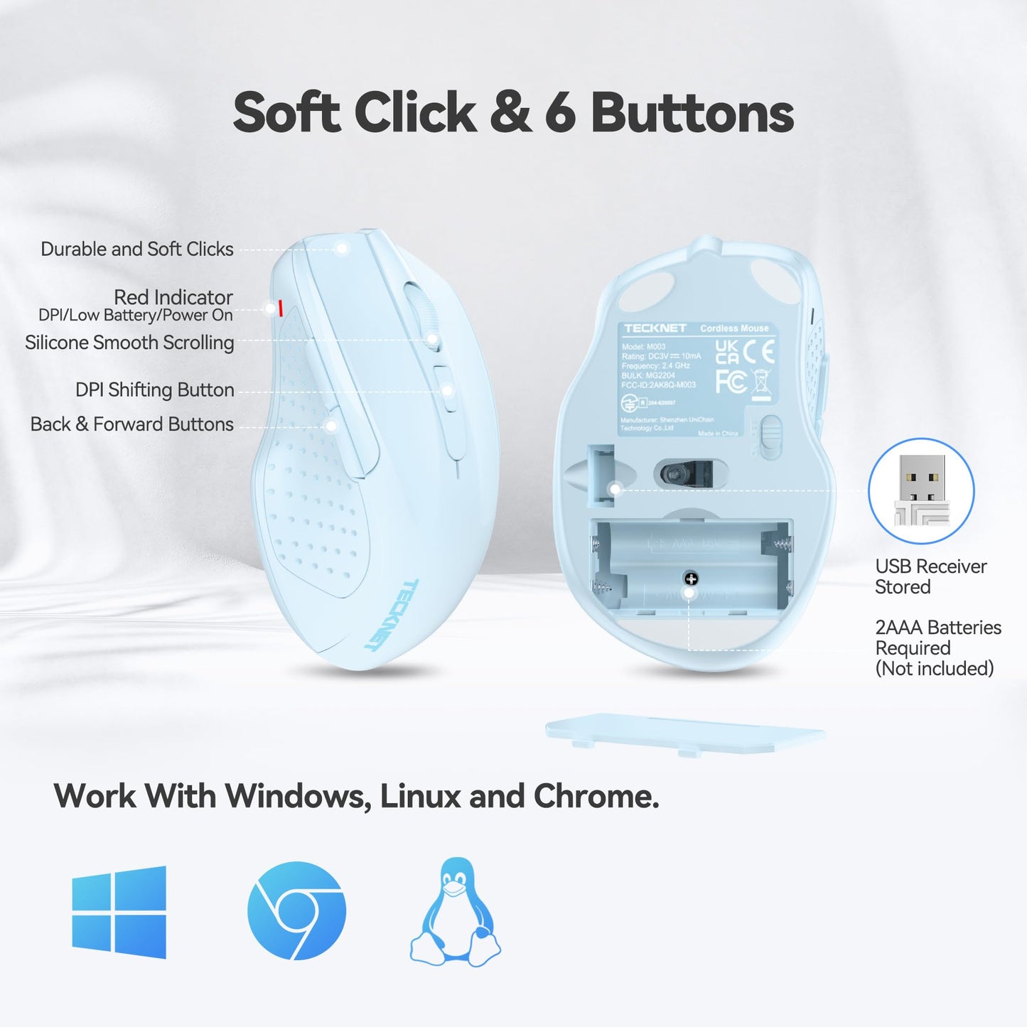 TECKNET Wireless Mouse, 2.4G Ergonomic Optical Mouse, Computer Mouse for Laptop, PC, Computer, Chromebook, Notebook, 6 Buttons, 24 Months Battery Life, 2600 DPI, 5 Adjustment Levels