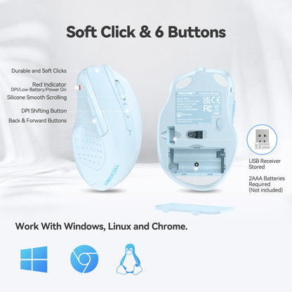 TECKNET Wireless Mouse, 2.4G Ergonomic Optical Mouse, Computer Mouse for Laptop, PC, Computer, Chromebook, Notebook, 6 Buttons, 24 Months Battery Life, 2600 DPI, 5 Adjustment Levels