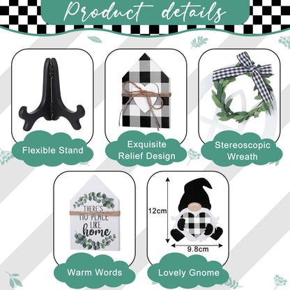 Yalikop 10 Pcs Farmhouse Decor for Tiered Tray, Black White Buffalo Plaid Gnome Wooden Mini Sign Rustic Table Ornaments for Kitchen Table Decor, Housewarming Gift (Cute Style)