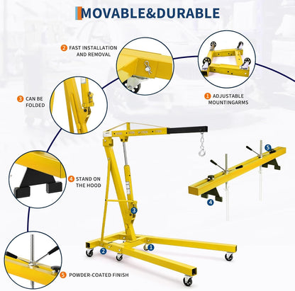 2 Ton Folding Hydraulic Engine Hoist with 59 in Load Leveler 4400 LBS Capacity Heavy Duty Cherry Picker 6 Swivel Wheels,Engine Support Bar 1100 LBS Capacity for Garage Workshop Warehouse Yellow