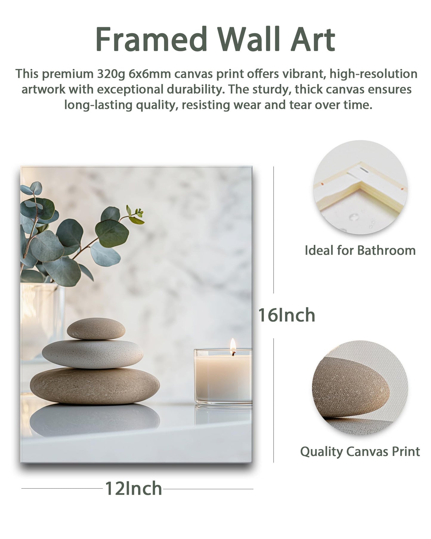 HesenDot 12x16in Spa Bathroom Wall Art - Relaxing Zen Stones Candles Canvas Print, Calming Aesthetic Poster, Minimalist Warm Wall Decor for Yoga Room Bedroom Master Bath Home, Set of 1