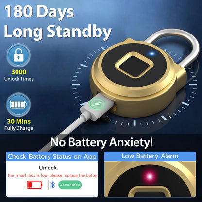 Keylesslife Fingerprint Lock,Gym Locker Lock,Smart Padlock Bluetooth APP Control Biometric Lock for Locker School Suitcase Cabinet Storage Gold