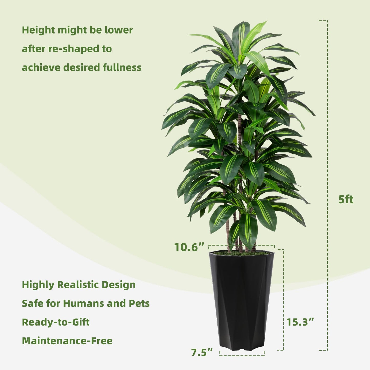 Artificial Dracaena Tree 5FT - Faux Plant with Black Diamond Planter - Tall Fake Tropical Yucca Floor Plant Potted - Artificial Silk Tree for Home Office Living Room Decor Indoor